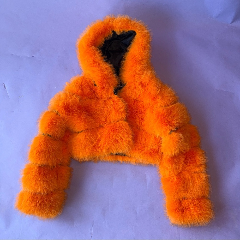 Vibrant Orange Faux Fur Cropped Jacket